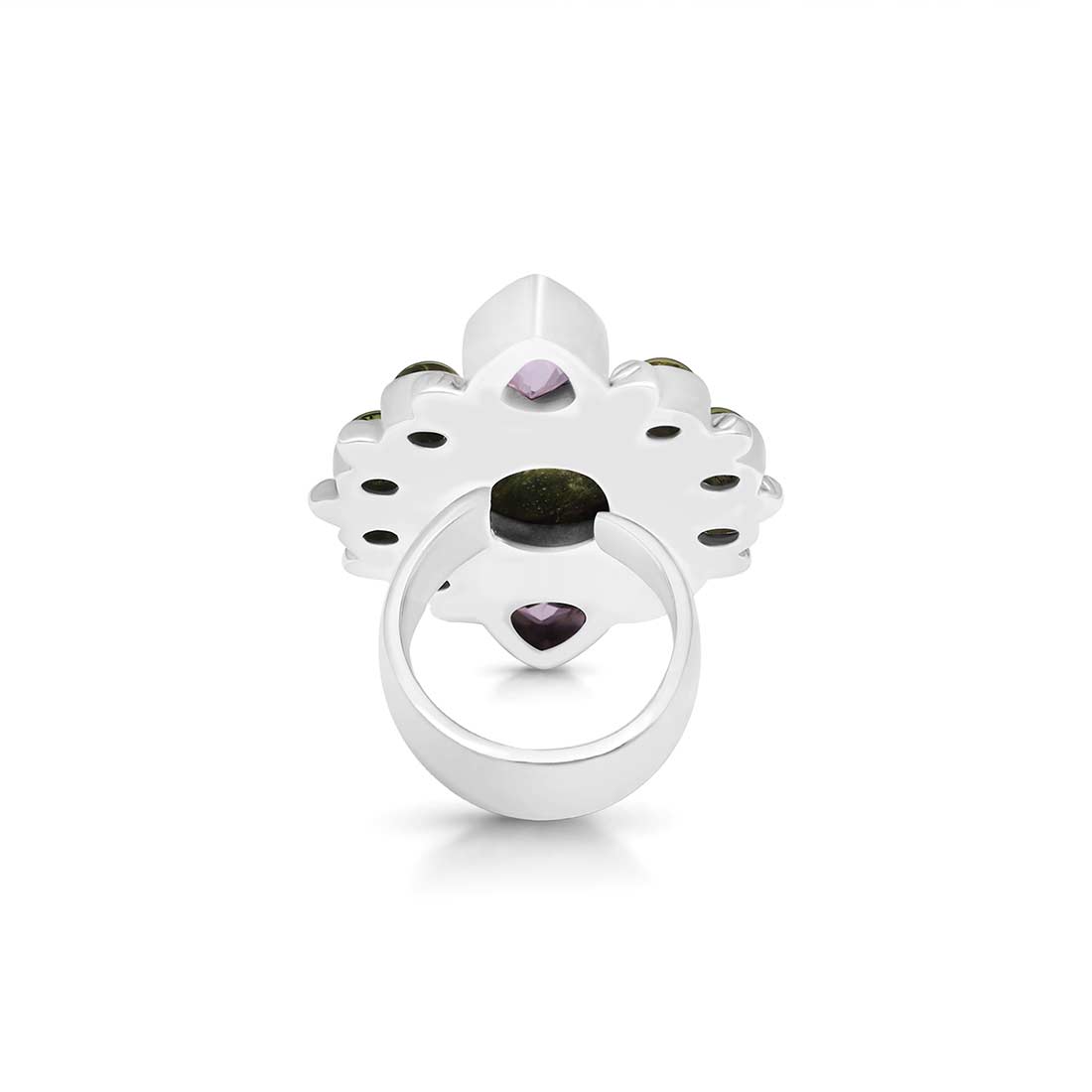Stichtite, Peridot And Amethyst Flower Adjustable Ring-(SCT-FLR-5.)